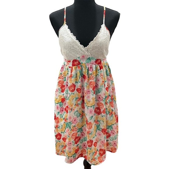 Papaya M Floral Babydoll Lace Empire Waist Romantic Cottagecore Boho Mini Dress - Picture 1 of 7